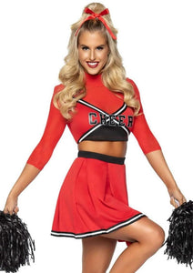 Leg Avenue Varsity Babe Set Crop Top with Cheer Logo, Pleated Skirt, and Pom Poms - Red - XSmall - 3 Piece