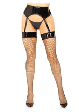Load image into Gallery viewer, Leg Avenue Vinyl Garter Belt with Attached Fishnet Stockings and Matching G-String Panties - Black - Medium/Small - 2 Piece
