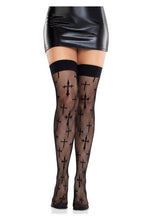 Load image into Gallery viewer, Leg Avenue Worship Me Cross Net Thigh Highs
