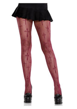 Load image into Gallery viewer, Leg Avenue Worship Me Cross Net Tights - Burgundy - One Size

