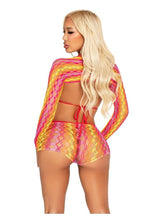 Load image into Gallery viewer, Leg Avenue Zig Zag Net Bikini Top, Boyshorts, and Shrug
