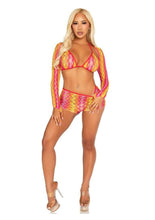 Load image into Gallery viewer, Leg Avenue Zig Zag Net Bikini Top, Boyshorts, and Shrug

