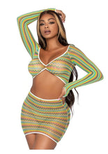 Load image into Gallery viewer, Leg Avenue Zig Zag Net Gauntlet Sleeve Crop Top and Mini Skirt - Green - One Size - 2 Piece
