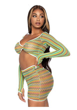 Load image into Gallery viewer, Leg Avenue Zig Zag Net Gauntlet Sleeve Crop Top and Mini Skirt
