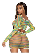 Load image into Gallery viewer, Leg Avenue Zig Zag Net Gauntlet Sleeve Crop Top and Mini Skirt - Green - One Size - 2 Piece
