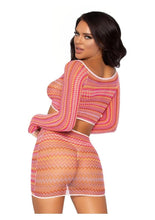 Load image into Gallery viewer, Leg Avenue Zig Zag Net Gauntlet Sleeve Crop Top and Mini Skirt - Pink - One Size - 2 Piece
