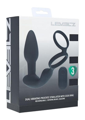 Levelz Dual Vibrating Rechargeable Silicone Prostate Stimulator with Rotating Beads Cock and Balls Rings with Remote Control - Black