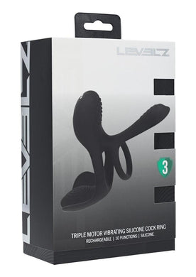Levelz Triple Motor Vibrating Silicone Rechargeable Cock Ring - Black