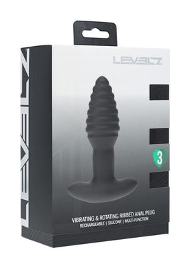 Levelz Vibrating and Rotating Ribbed Silicone Rechargeable Anal Plug with Remote Control - Black
