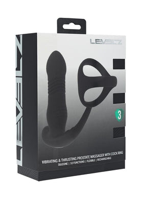 Levelz Vibrating and Thrusting Silicone Rechargeable Prostate Massager with Tri O Cock Ring - Black