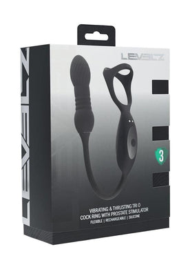 Levelz Vibrating and Thrusting Silicone Rechargeable Tri O Cock Ring with Prostate Stimulator - Black
