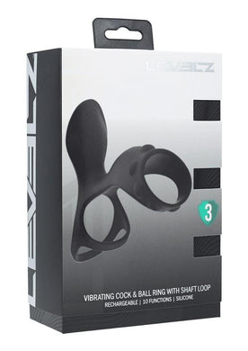Levelz Vibrating Silicone Rechargeable Cock and Ball Ring with Shaft Loop - Black