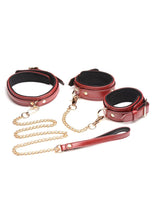 Load image into Gallery viewer, Master Series Bondage Set Cuffs, Collar, and Leash - Burgundy/Gold/Metal/Red - 6 Piece
