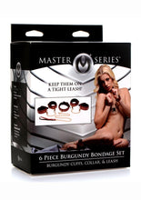 Load image into Gallery viewer, Master Series Bondage Set Cuffs, Collar, and Leash - Burgundy/Gold/Metal/Red - 6 Piece
