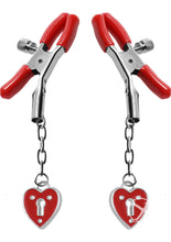 Load image into Gallery viewer, Master Series - Crimson Tied Charmed Heart Padlock Nipple Clamps - Red
