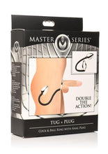 Load image into Gallery viewer, Master Series Tug + Plug Aluminum Cock and Ball Ring with Anal Plug - Black/Silver
