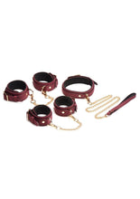 Load image into Gallery viewer, Master Series Velvet Bondage Set Cuffs, Collar, and Leash - Burgundy/Gold/Metal/Red - 6 Piece
