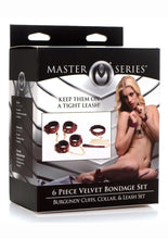 Load image into Gallery viewer, Master Series Velvet Bondage Set Cuffs, Collar, and Leash - Burgundy/Gold/Metal/Red - 6 Piece
