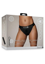 Load image into Gallery viewer, Ouch! Vibrating Strap-On Panty Harness with Open Back Rechargeable - Black - Large/Medium
