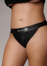 Load image into Gallery viewer, Ouch! Vibrating Strap-On Panty Harness with Open Back Rechargeable - Black - XLarge/XXLarge
