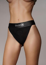 Load image into Gallery viewer, Ouch! Vibrating Strap-On Panty Harness with Open Back Rechargeable - Black - Small/XSmall
