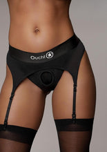 Load image into Gallery viewer, Ouch! Vibrating Strap-On Thong with Adjustable Garters Rechargeable - Black - Large/Medium
