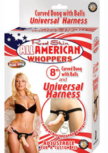 Load image into Gallery viewer, Real Skin All American Whoppers Dildo with Universal Harness - Black/Flesh/Vanilla - 8in
