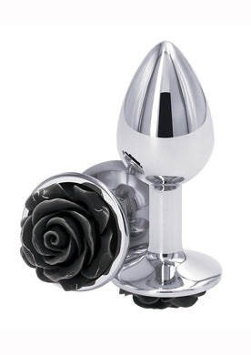 Rear Assets Rose Aluminum Anal Plug - Black/Metal/Silver - Small