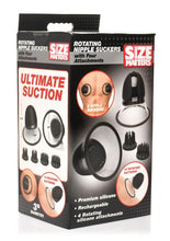 Load image into Gallery viewer, Size Matters 10x Rotating Rechargeable Silicone Nipple Suckers with 4 Attachments - Black/Clear
