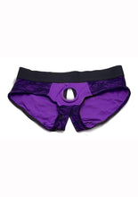Load image into Gallery viewer, Strap U Lace Envy Lace Crotchless Panty Harness - Black/Purple - Large/XLarge
